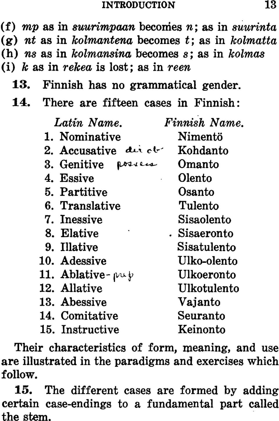 Translative 7. Inessive 8. Elative 9. Illative 10. Adessive 11. Ablative- jvuj? 12. Allative 13. Abessive 14. Comitative 15.