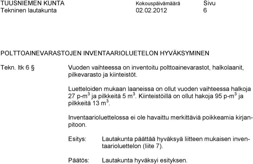 Luetteloiden mukaan laaneissa on ollut vuoden vaihteessa halkoja 27 p-m 3 ja pilkkeitä 5 m 3.