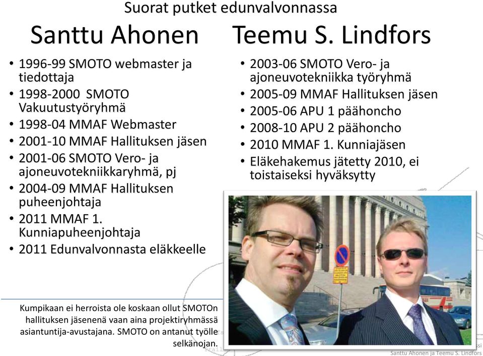 Lindfors 2003-06 SMOTO Vero- ja ajoneuvotekniikka työryhmä 2005-09 MMAF Hallituksen jäsen 2005-06 APU 1 päähoncho 2008-10 APU 2 päähoncho 2010 MMAF 1.