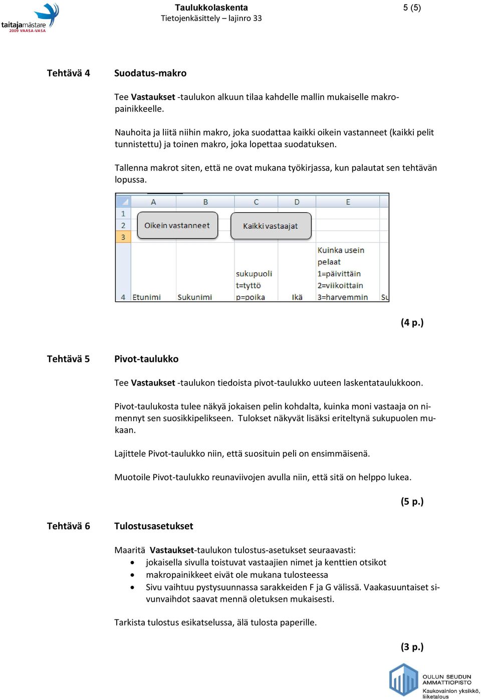 Tallenna makrot siten, että ne ovat mukana työkirjassa, kun palautat sen tehtävän lopussa. (4 p.) Tehtävä 5 Pivot-taulukko Tee Vastaukset -taulukon tiedoista pivot-taulukko uuteen laskentataulukkoon.