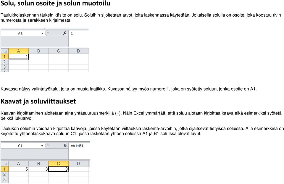 Kuvassa näkyy myös numero 1, joka on syötetty soluun, jonka osoite on A1. Kaavat ja soluviittaukset Kaavan kirjoittaminen aloitetaan aina yhtäsuuruusmerkillä (=).