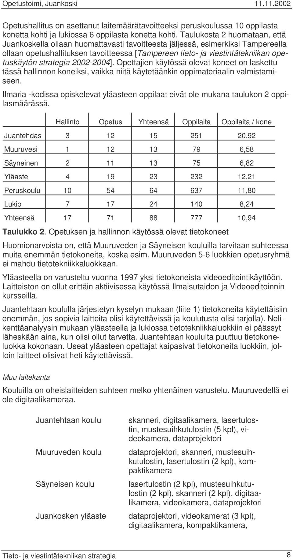 opetuskäytön strategia 2002-2004]. Opettajien käytössä olevat koneet on laskettu tässä hallinnon koneiksi, vaikka niitä käytetäänkin oppimateriaalin valmistamiseen.