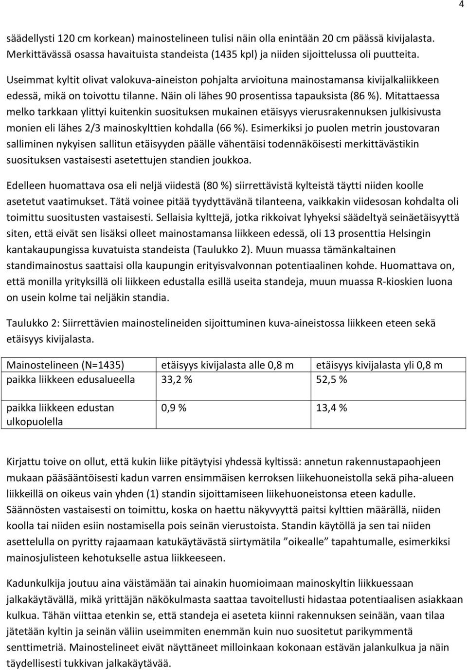 Mitattaessa melko tarkkaan ylittyi kuitenkin suosituksen mukainen etäisyys vierusrakennuksen julkisivusta monien eli lähes 2/3 mainoskylttien kohdalla (66 %).