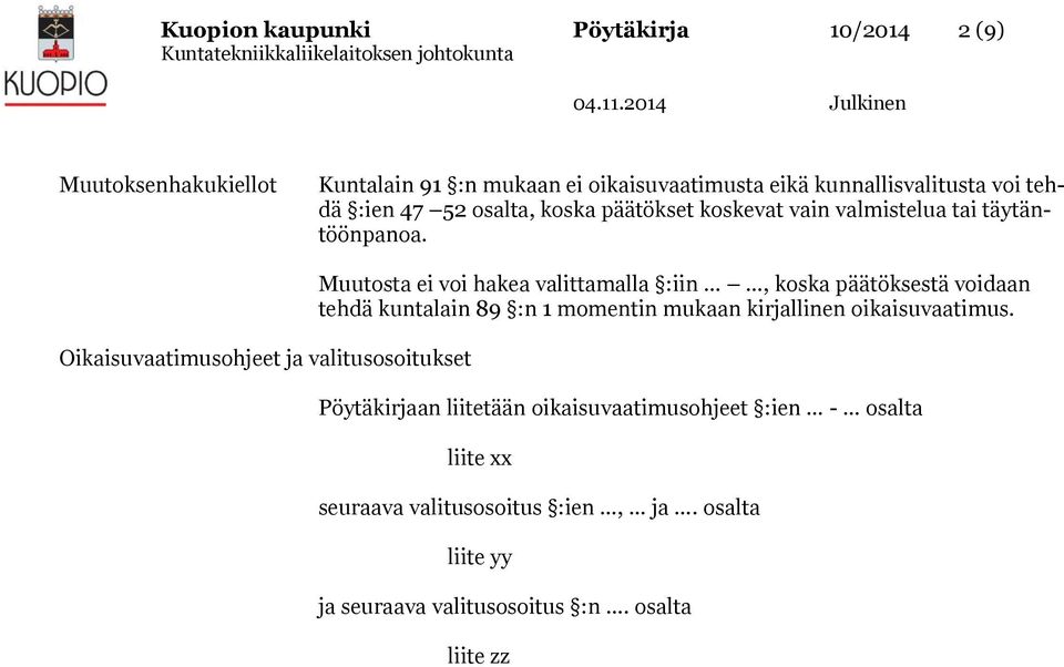 Oikaisuvaatimusohjeet ja valitusosoitukset Muutosta ei voi hakea valittamalla :iin, koska päätöksestä voidaan tehdä kuntalain 89 :n 1 momentin