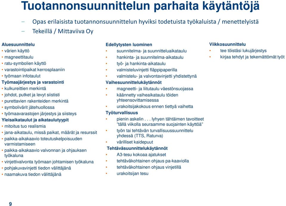 symbolivärit jätehuollossa työmaavarastojen järjestys ja siisteys Yleisaikataulut ja aikataulutyypit mitoitus tuo realismia jana-aikataulu, missä paikat, määrät ja resurssit paikka-aikakaavio