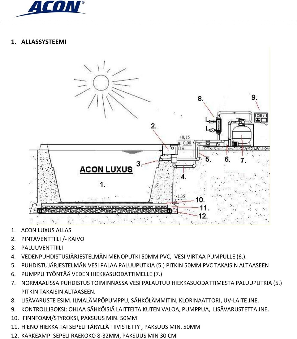 ) PITKIN TAKAISIN ALTAASEEN. 8. LISÄVARUSTE ESIM. ILMALÄMPÖPUMPPU, SÄHKÖLÄMMITIN, KLORINAATTORI, UV-LAITE JNE. 9.