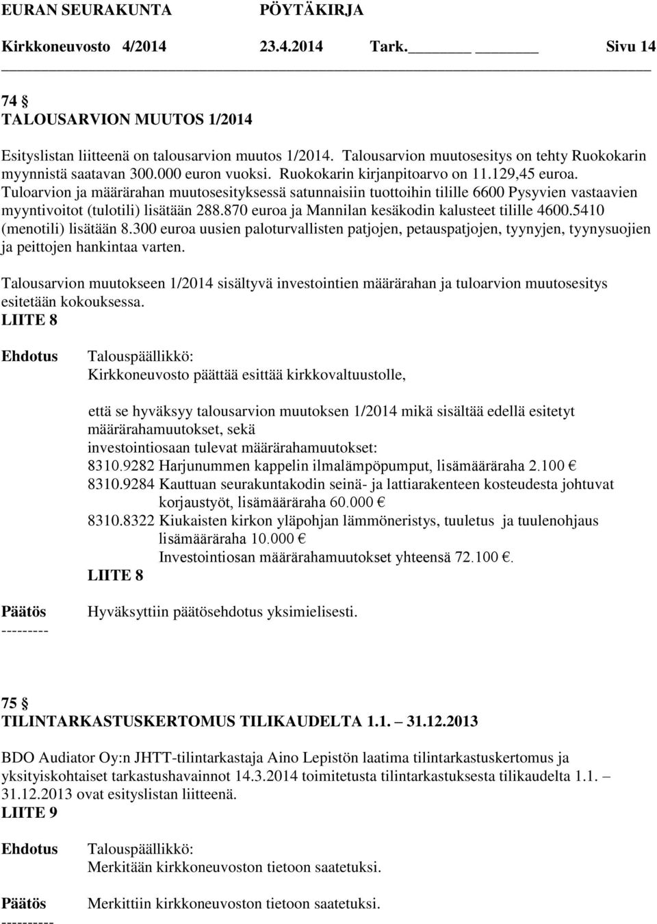 Tuloarvion ja määrärahan muutosesityksessä satunnaisiin tuottoihin tilille 6600 Pysyvien vastaavien myyntivoitot (tulotili) lisätään 288.870 euroa ja Mannilan kesäkodin kalusteet tilille 4600.