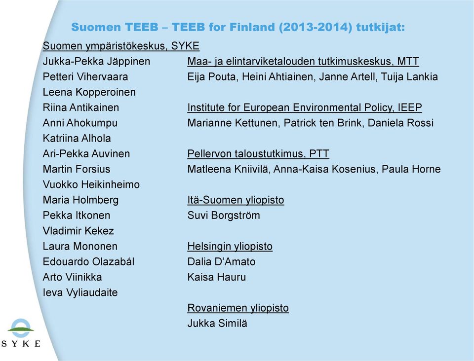 Rossi Katriina Alhola Ari-Pekka Auvinen Pellervon taloustutkimus, PTT Martin Forsius Matleena Kniivilä, Anna-Kaisa Kosenius, Paula Horne Vuokko Heikinheimo Maria Holmberg Itä-Suomen