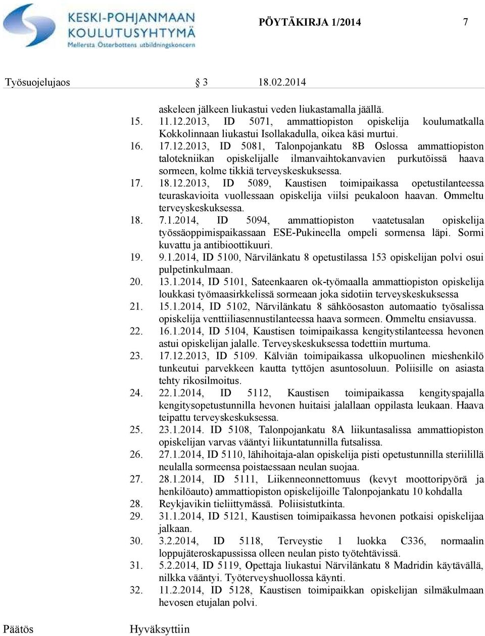 2013, ID 5081, Talonpojankatu 8B Oslossa ammattiopiston talotekniikan opiskelijalle ilmanvaihtokanvavien purkutöissä haava sormeen, kolme tikkiä terveyskeskuksessa. 17. 18.12.