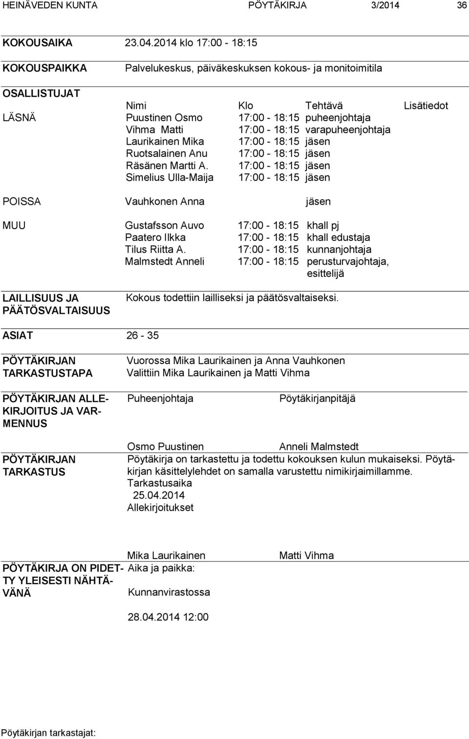 17:00-18:15 varapuheenjohtaja Laurikainen Mika 17:00-18:15 jäsen Ruotsalainen Anu 17:00-18:15 jäsen Räsänen Martti A.