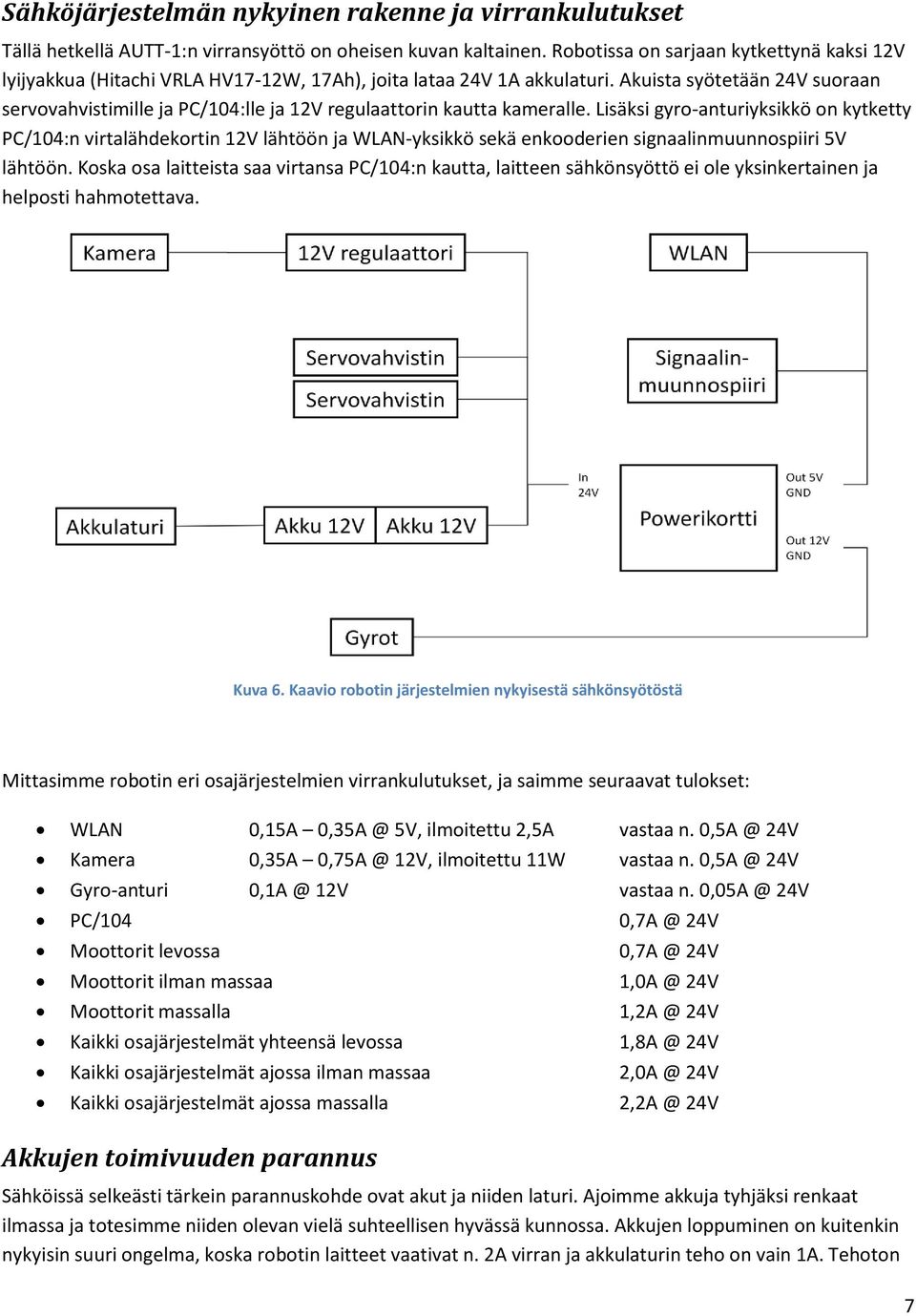 Akuista syötetään 24V suoraan servovahvistimille ja PC/104:lle ja 12V regulaattorin kautta kameralle.