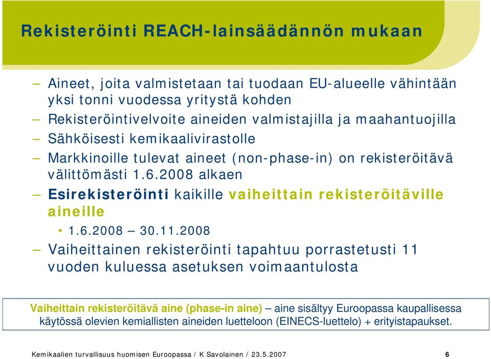 2008 alkaen Esirekisteröinti kaikille vaiheittain rekisteröitäville aineille 1.6.2008 30.11.