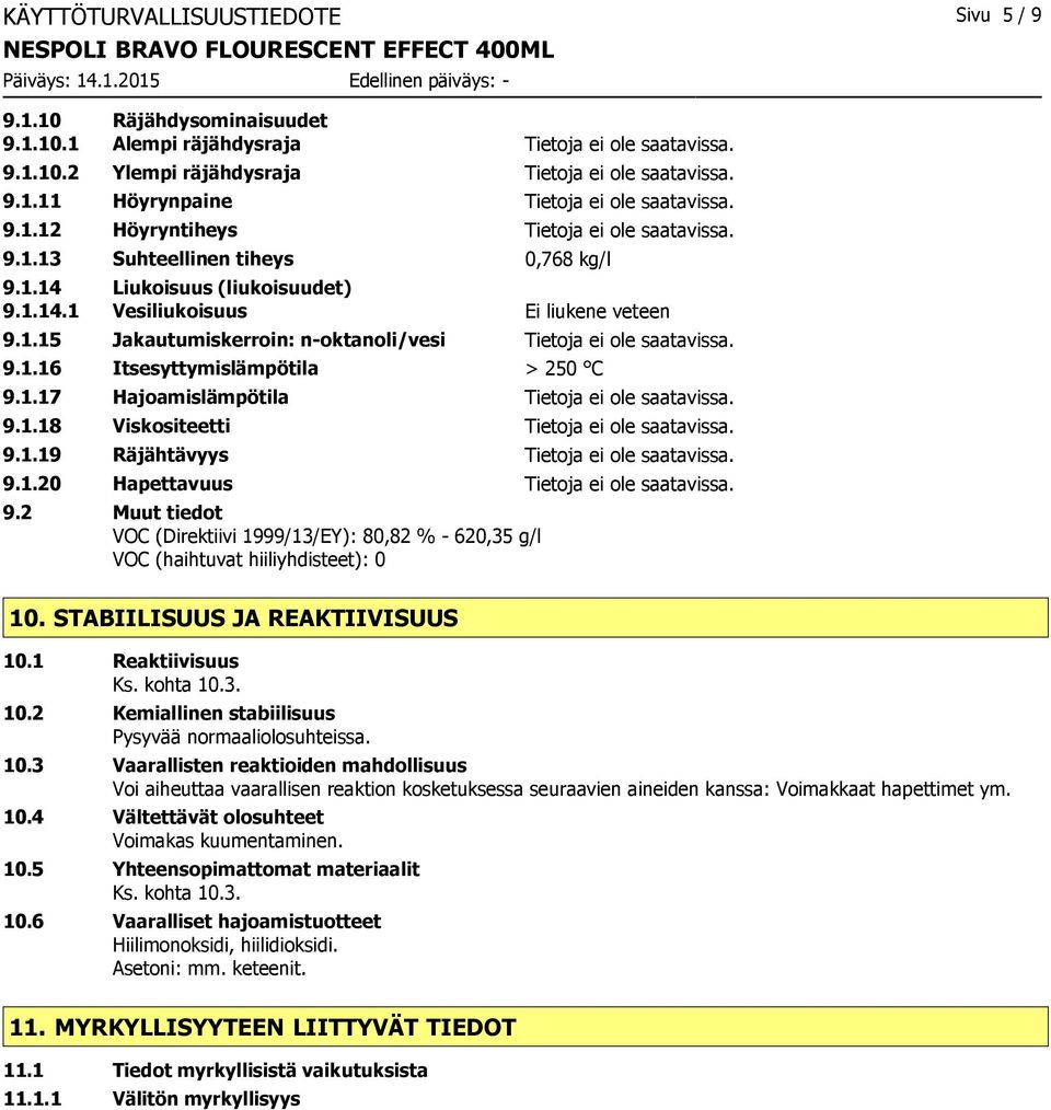 1.19 Räjähtävyys 9.1.20 Hapettavuus 9.2 Muut tiedot VOC (Direktiivi 1999/13/EY): 80,82 % - 620,35 g/l VOC (haihtuvat hiiliyhdisteet): 0 10. STABIILISUUS JA REAKTIIVISUUS 10.1 Reaktiivisuus Ks.