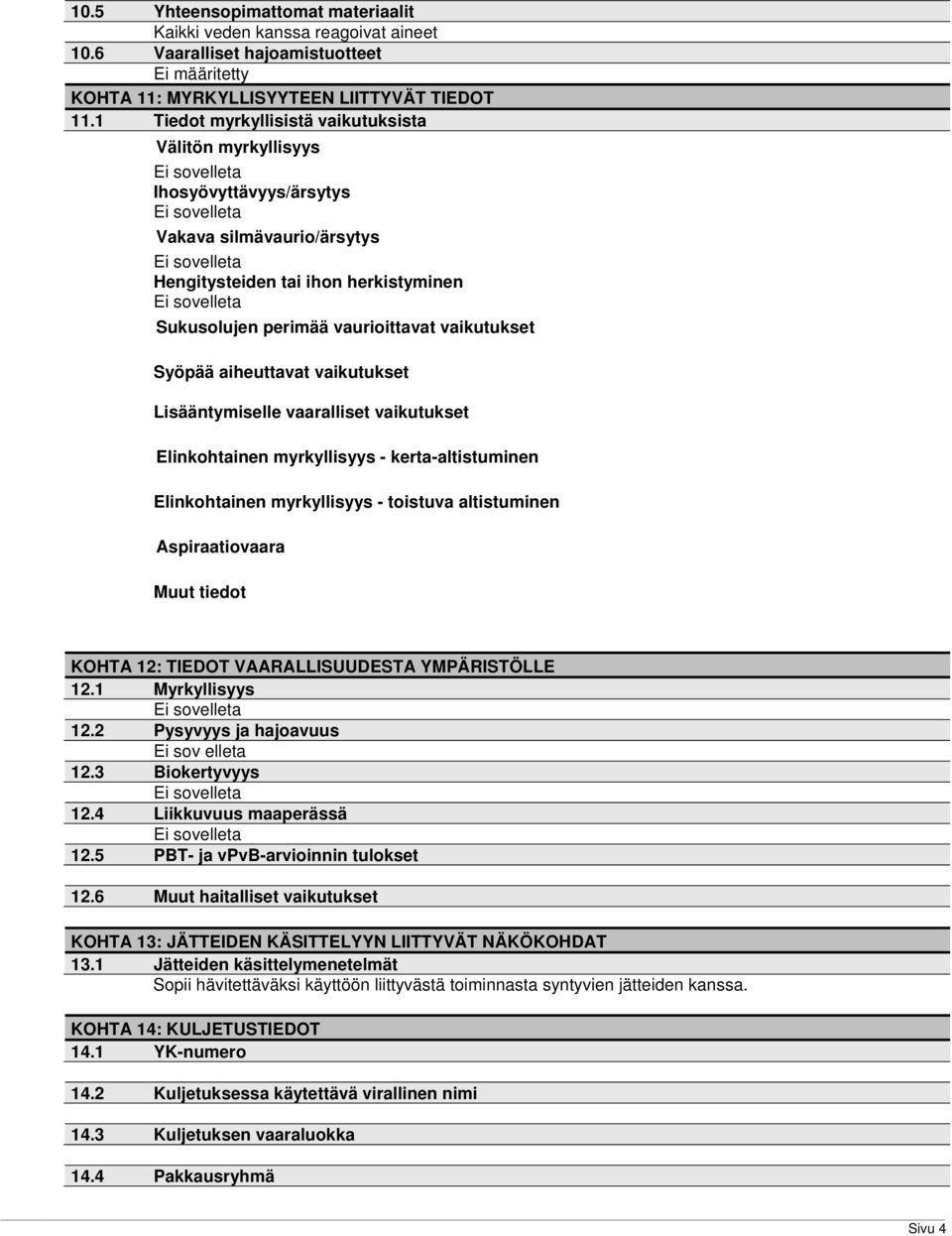 aiheuttavat vaikutukset Lisääntymiselle vaaralliset vaikutukset Elinkohtainen myrkyllisyys - kerta-altistuminen Elinkohtainen myrkyllisyys - toistuva altistuminen Aspiraatiovaara Muut tiedot KOHTA