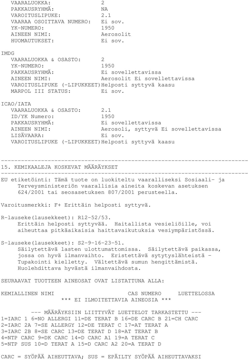 VAROITUSLIPUKE (-LIPUKKEET)Helposti syttyvä kaasu MARPOL III STATUS: ICAO/IATA VAARALUOKKA & OSASTO: 2.