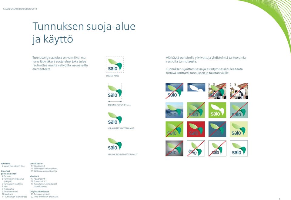 SUOJA-ALUE Älä käytä punaisella yliviivattuja yh dis tel miä tai tee omia versioita tunnuksesta.