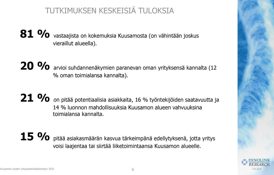 21 % on pitää potentiaalisia asiakkaita, 16 % työntekijöiden saatavuutta ja 14 % luonnon mahdollisuuksia Kuusamon alueen