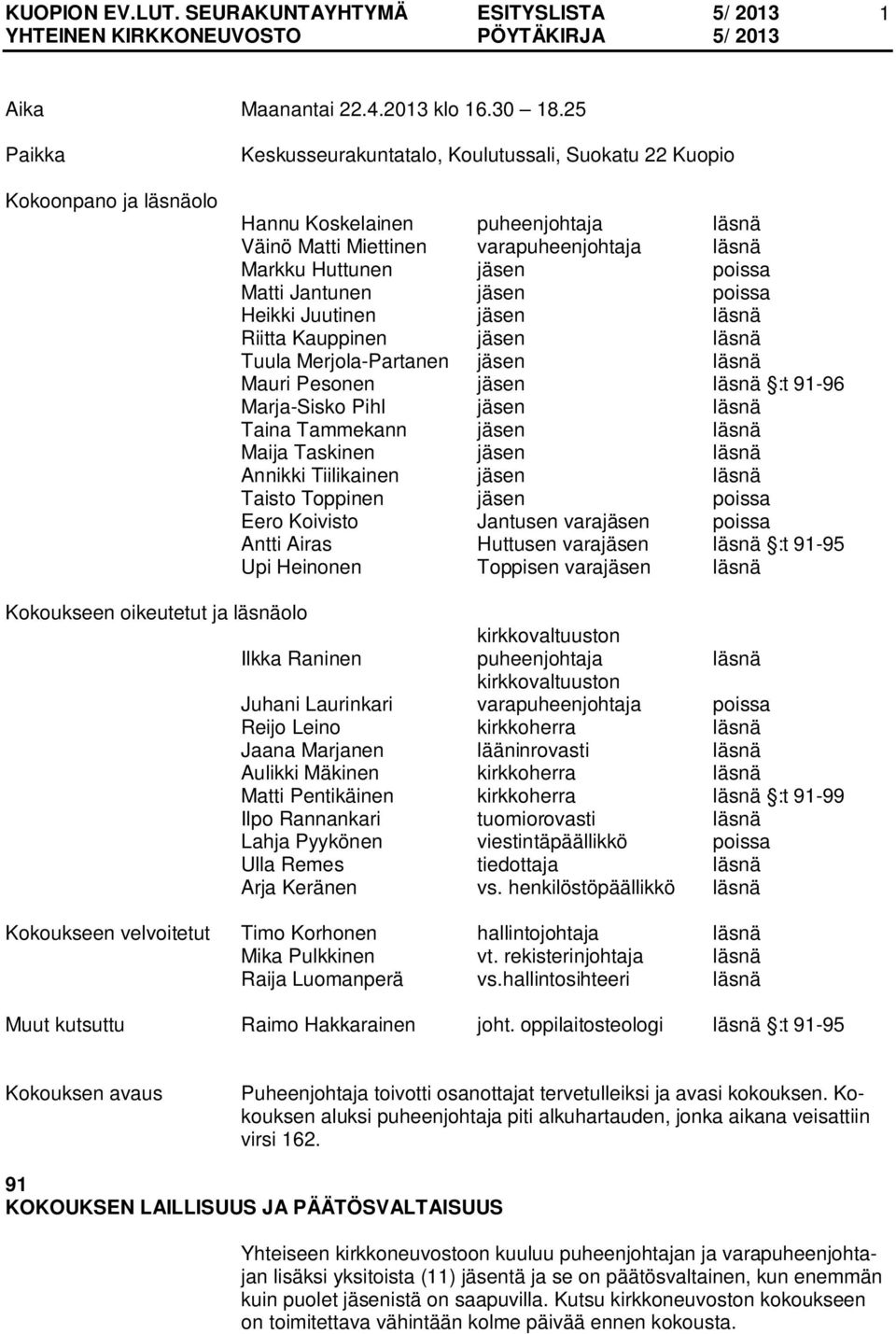 Matti Jantunen jäsen poissa Heikki Juutinen jäsen läsnä Riitta Kauppinen jäsen läsnä Tuula Merjola-Partanen jäsen läsnä Mauri Pesonen jäsen läsnä :t 91-96 Marja-Sisko Pihl jäsen läsnä Taina Tammekann