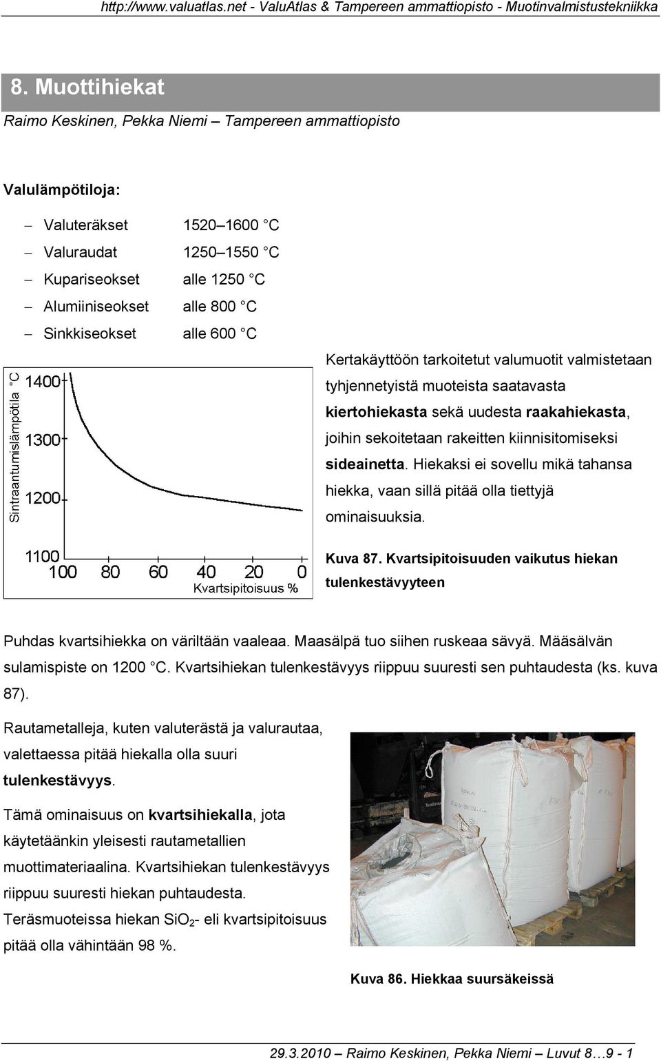 Hiekaksi ei sovellu mikä tahansa hiekka, vaan sillä pitää olla tiettyjä ominaisuuksia. Kuva 87. Kvartsipitoisuuden vaikutus hiekan tulenkestävyyteen Puhdas kvartsihiekka on väriltään vaaleaa.