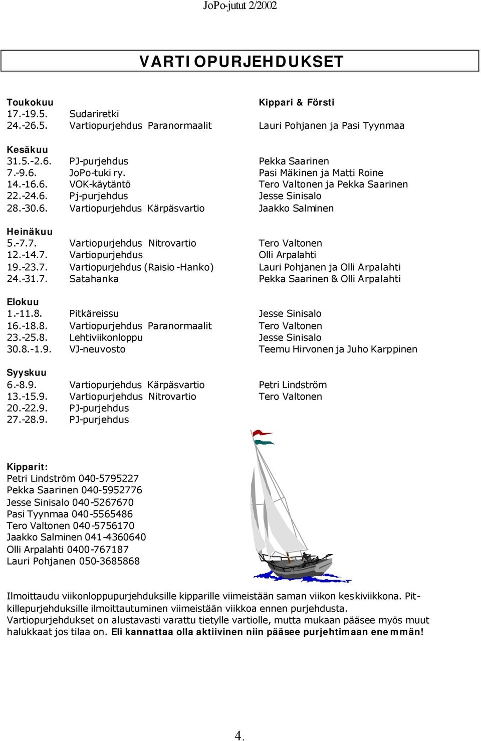 7. Vartiopurjehdus Nitrovartio Tero Valtonen 12.-14.7. Vartiopurjehdus Olli Arpalahti 19.-23.7. Vartiopurjehdus (Raisio-Hanko) Lauri Pohjanen ja Olli Arpalahti 24.-31.7. Satahanka Pekka Saarinen & Olli Arpalahti Elokuu 1.