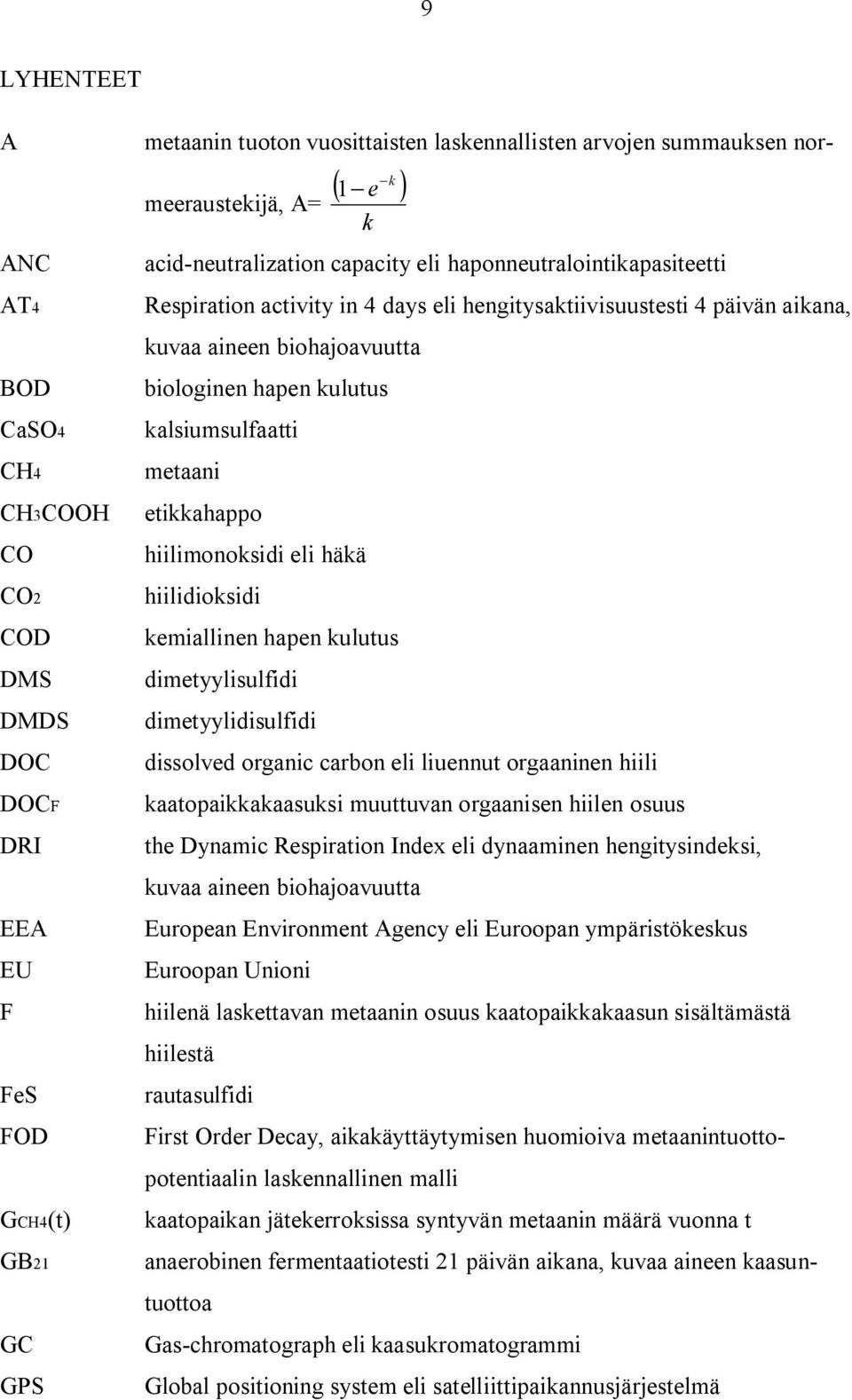 hapen kulutus kalsiumsulfaatti metaani etikkahappo hiilimonoksidi eli häkä hiilidioksidi kemiallinen hapen kulutus dimetyylisulfidi dimetyylidisulfidi dissolved organic carbon eli liuennut orgaaninen