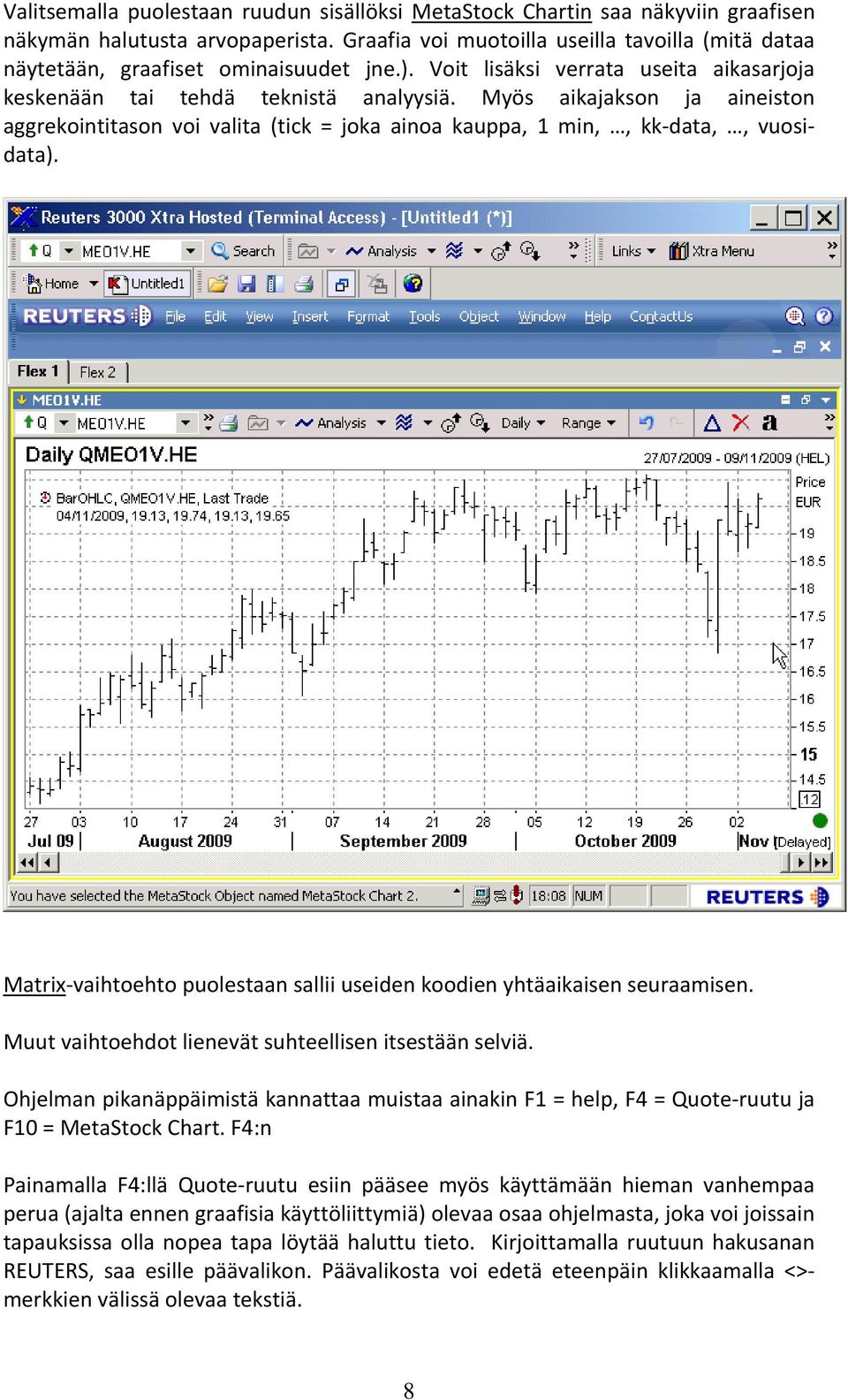 Myös aikajakson ja aineiston aggrekointitason voi valita (tick = joka ainoa kauppa, 1 min,, kk data,, vuosidata). Matrix vaihtoehto puolestaan sallii useiden koodien yhtäaikaisen seuraamisen.