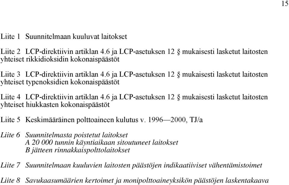 6 ja LCP-asetuksen 12 mukaisesti lasketut laitosten yhteiset typenoksidien kokonaispäästöt Liite 4 LCP-direktiivin artiklan 4.