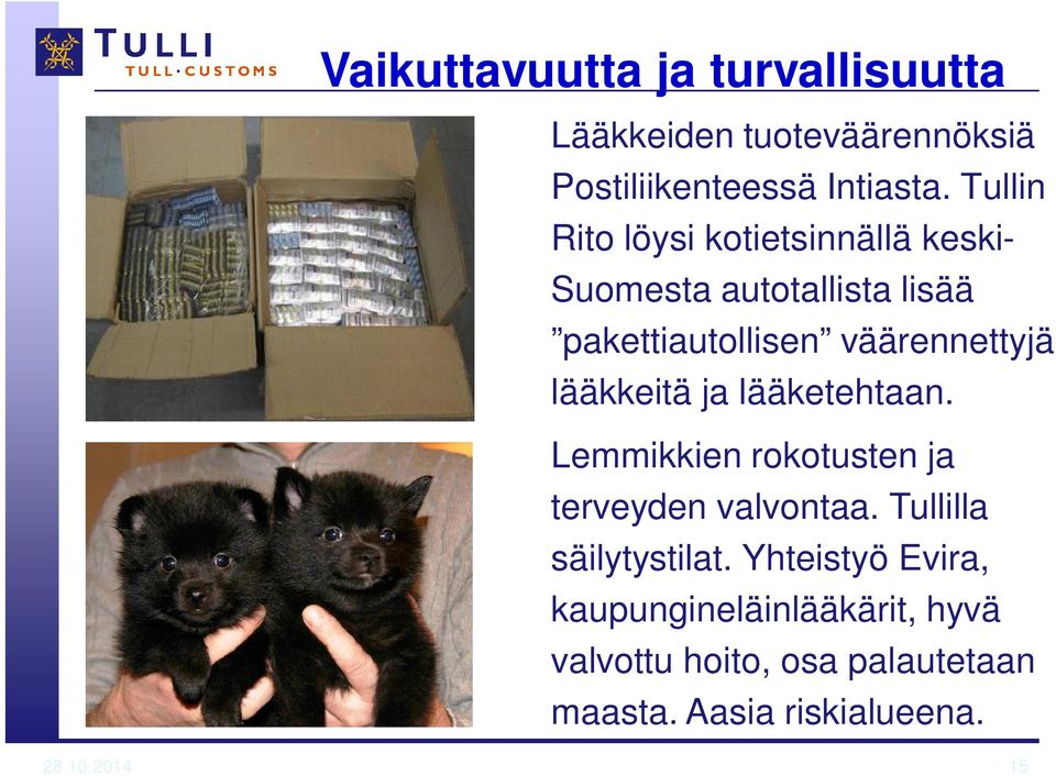 lääkkeitä ja lääketehtaan. Lemmikkien rokotusten ja terveyden valvontaa. Tullilla säilytystilat.
