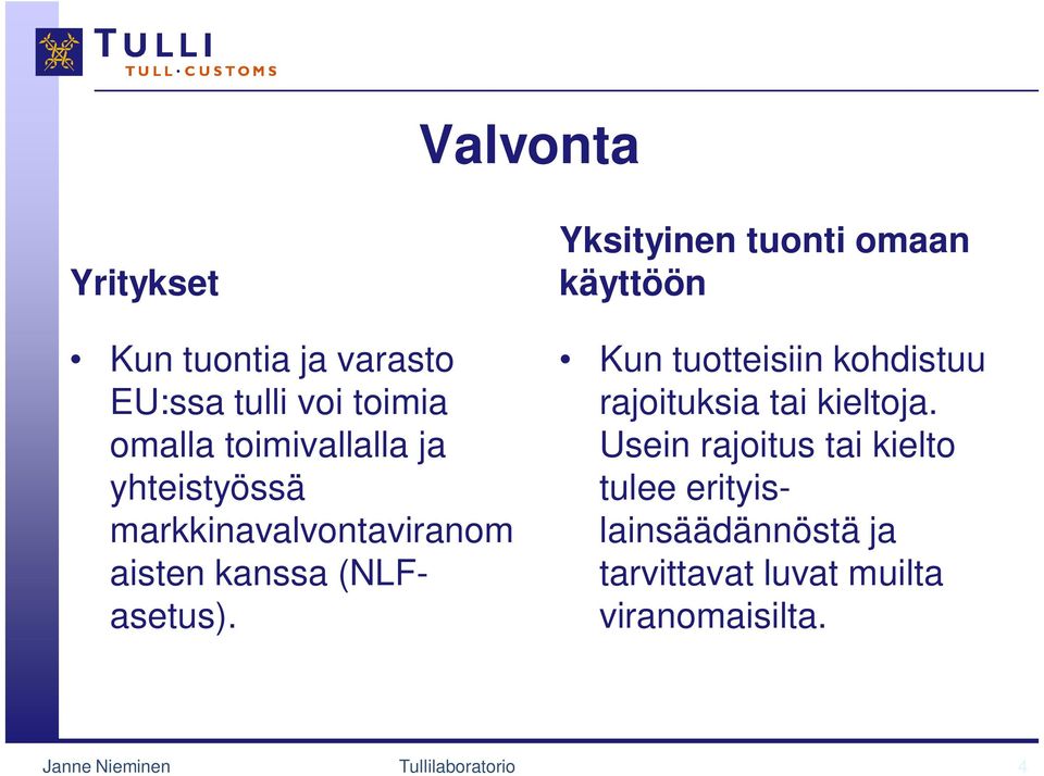 Yksityinen tuonti omaan käyttöön Kun tuotteisiin kohdistuu rajoituksia tai kieltoja.