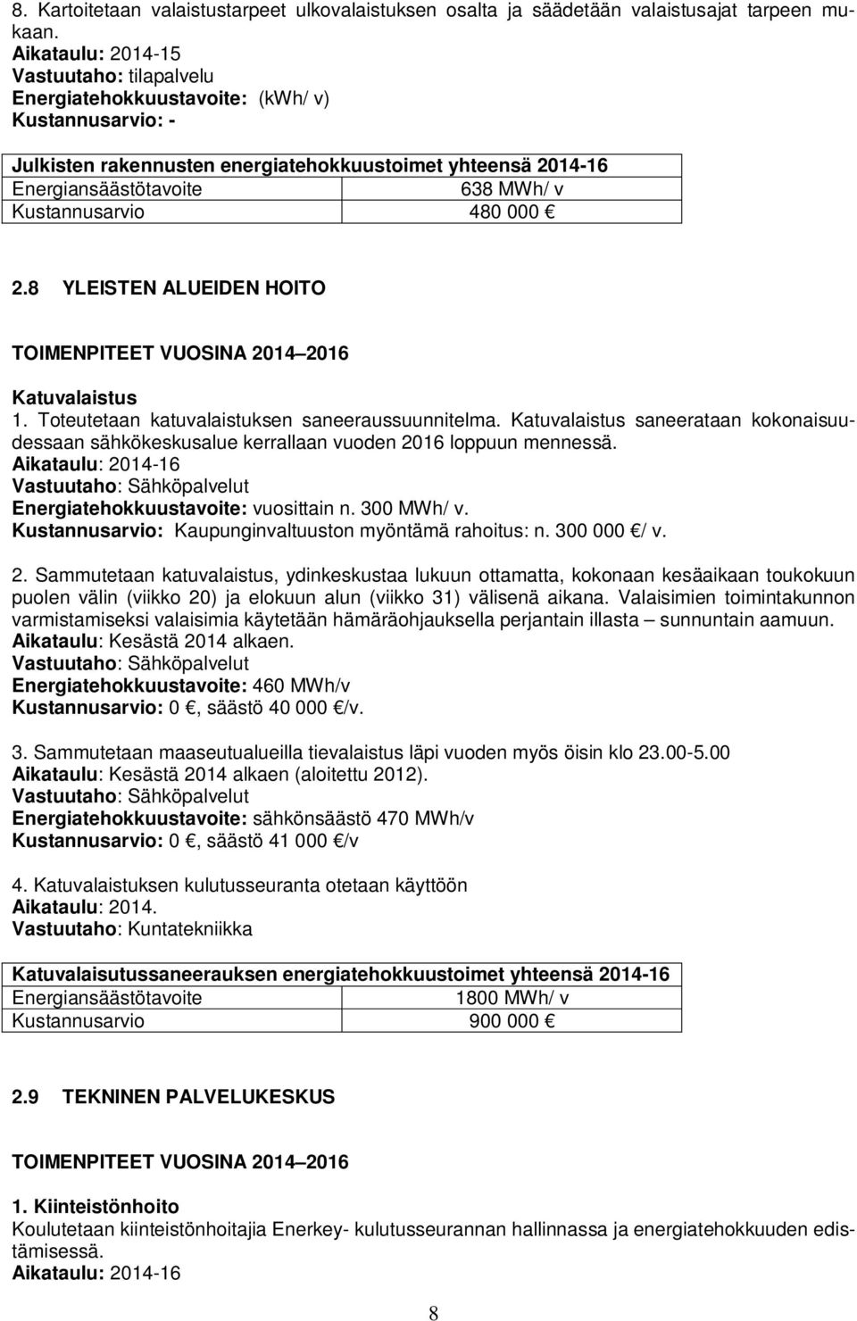 8 YLEISTEN ALUEIDEN HOITO Katuvalaistus 1. Toteutetaan katuvalaistuksen saneeraussuunnitelma. Katuvalaistus saneerataan kokonaisuudessaan sähkökeskusalue kerrallaan vuoden 2016 loppuun mennessä.