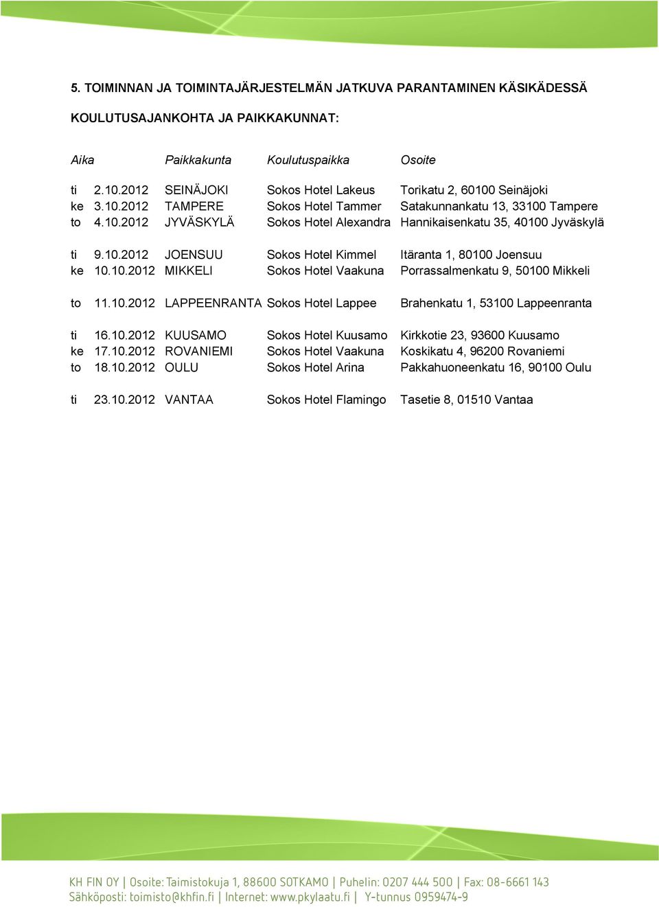 10.2012 JOENSUU Sokos Hotel Kimmel Itäranta 1, 80100 Joensuu ke 10.10.2012 MIKKELI Sokos Hotel Vaakuna Porrassalmenkatu 9, 50100 Mikkeli to 11.10.2012 LAPPEENRANTA Sokos Hotel Lappee Brahenkatu 1, 53100 Lappeenranta ti 16.