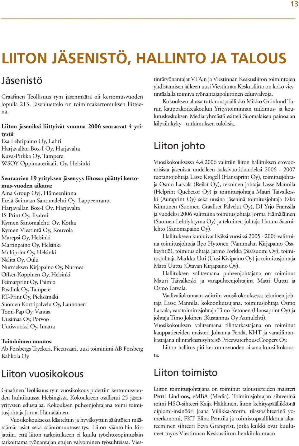 jäsenyys liitossa päättyi kertomus-vuoden aikana: Aina Group Oyj, Hämeenlinna Etelä-Saimaan Sanomalehti Oy, Lappeenranta Harjavallan Box-I Oy, Harjavalta IS-Print Oy, Iisalmi Kymen Sanomalehti Oy,