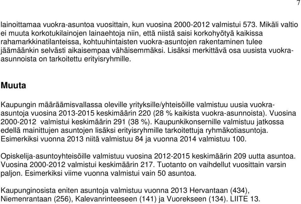 aikaisempaa vähäisemmäksi. Lisäksi merkittävä osa uusista vuokraasunnoista on tarkoitettu erityisryhmille.