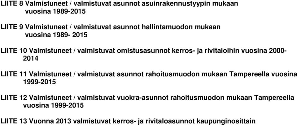 11 Valmistuneet / valmistuvat asunnot rahoitusmuodon mukaan Tampereella vuosina 1999-215 LIITE 12 Valmistuneet / valmistuvat