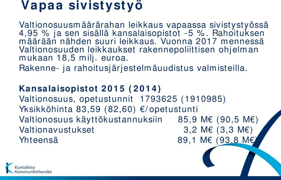 Vuonna 2017 mennessä Valtionosuuden leikkaukset rakennepoliittisen ohjelman mukaan 18,5 milj. euroa.