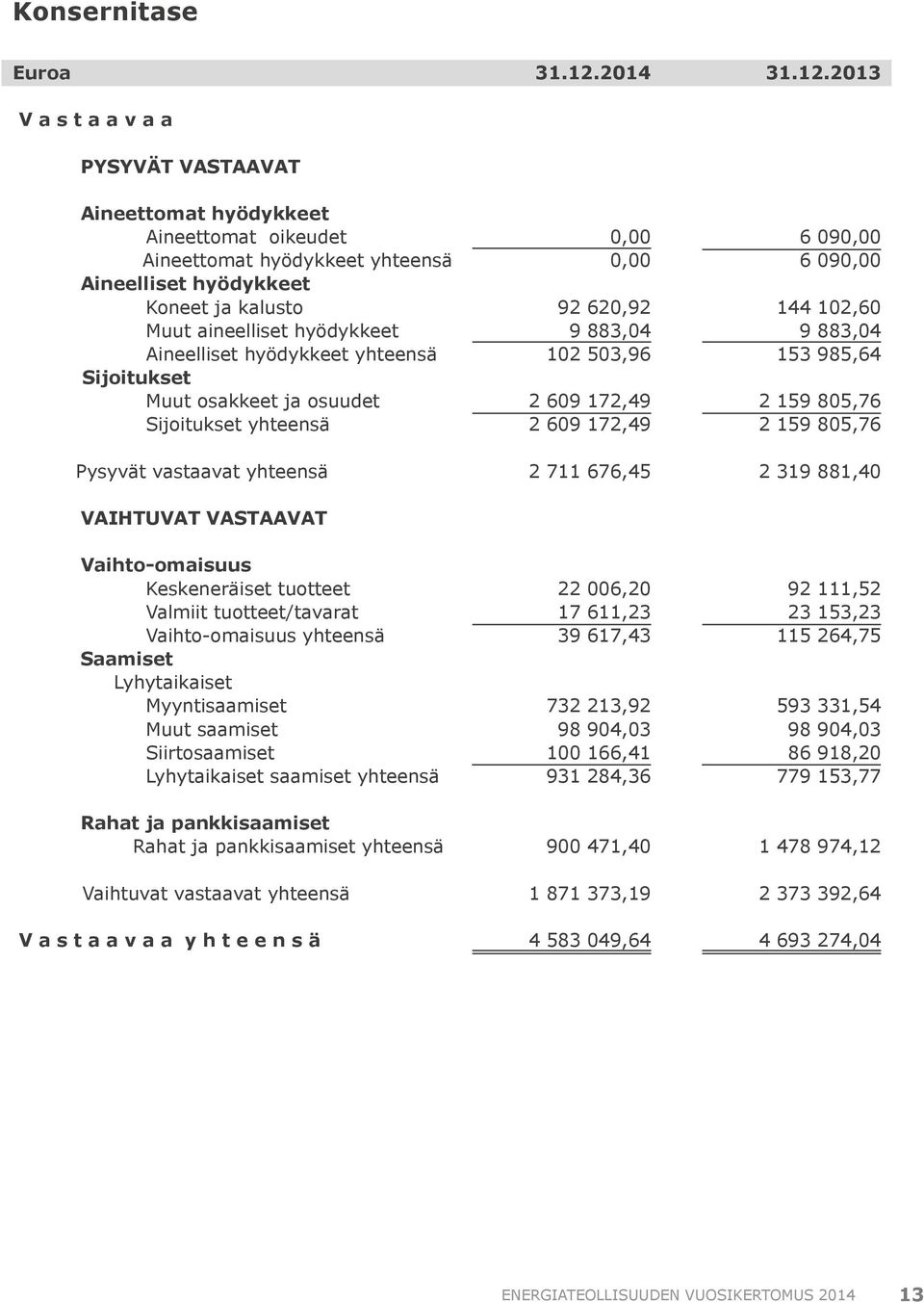 2013 PYSYVÄT VASTAAVAT Aineettomat hyödykkeet Aineettomat oikeudet Aineettomat hyödykkeet yhteensä Aineelliset hyödykkeet Koneet ja kalusto Muut aineelliset hyödykkeet Aineelliset hyödykkeet yhteensä