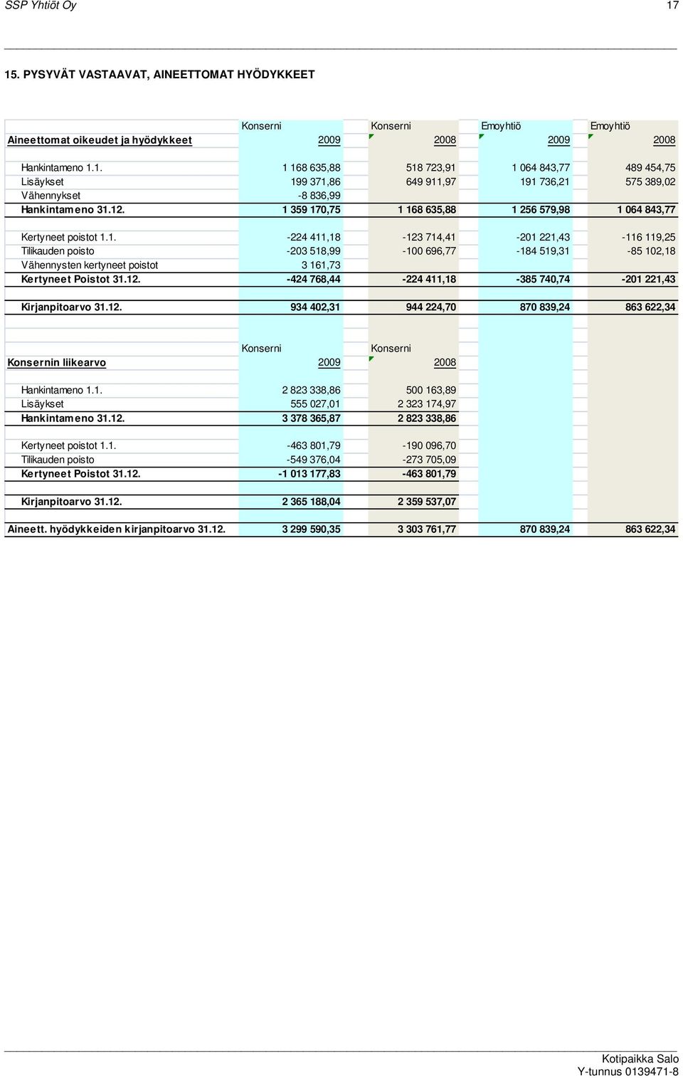 12. -424 768,44-224 411,18-385 740,74-201 221,43 Kirjanpitoarvo 31.12. 934 402,31 944 224,70 870 839,24 863 622,34 Konserni Konserni Konsernin liikearvo 2009 2008 Hankintameno 1.1. 2 823 338,86 500 163,89 Lisäykset 555 027,01 2 323 174,97 Hankintameno 31.