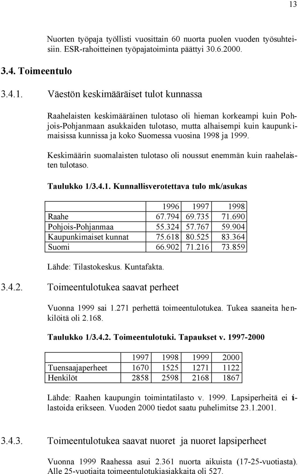 Keskimäärin suomalaisten tulotaso oli noussut enemmän kuin raahelaisten tulotaso. Taulukko 1/3.4.1. Kunnallisverotettava tulo mk/asukas 1996 1997 1998 Raahe 67.794 69.735 71.690 Pohjois-Pohjanmaa 55.