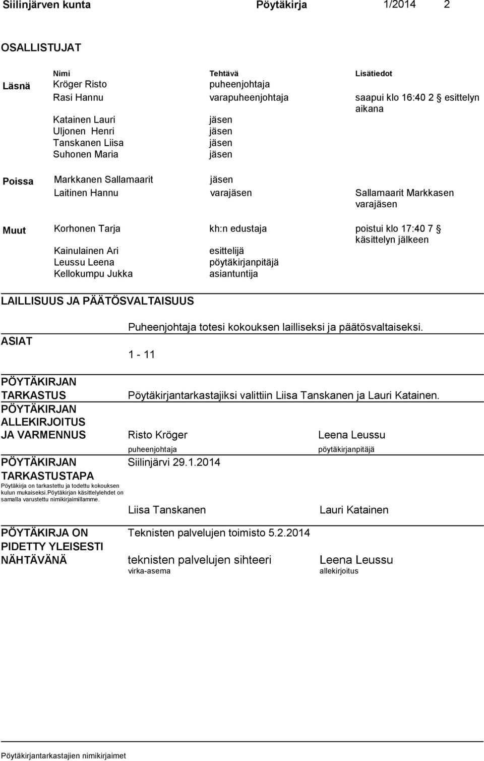 17:40 7 käsittelyn jälkeen Kainulainen Ari esittelijä Leussu Leena pöytäkirjanpitäjä Kellokumpu Jukka asiantuntija LAILLISUUS JA PÄÄTÖSVALTAISUUS ASIAT Puheenjohtaja totesi kokouksen lailliseksi ja