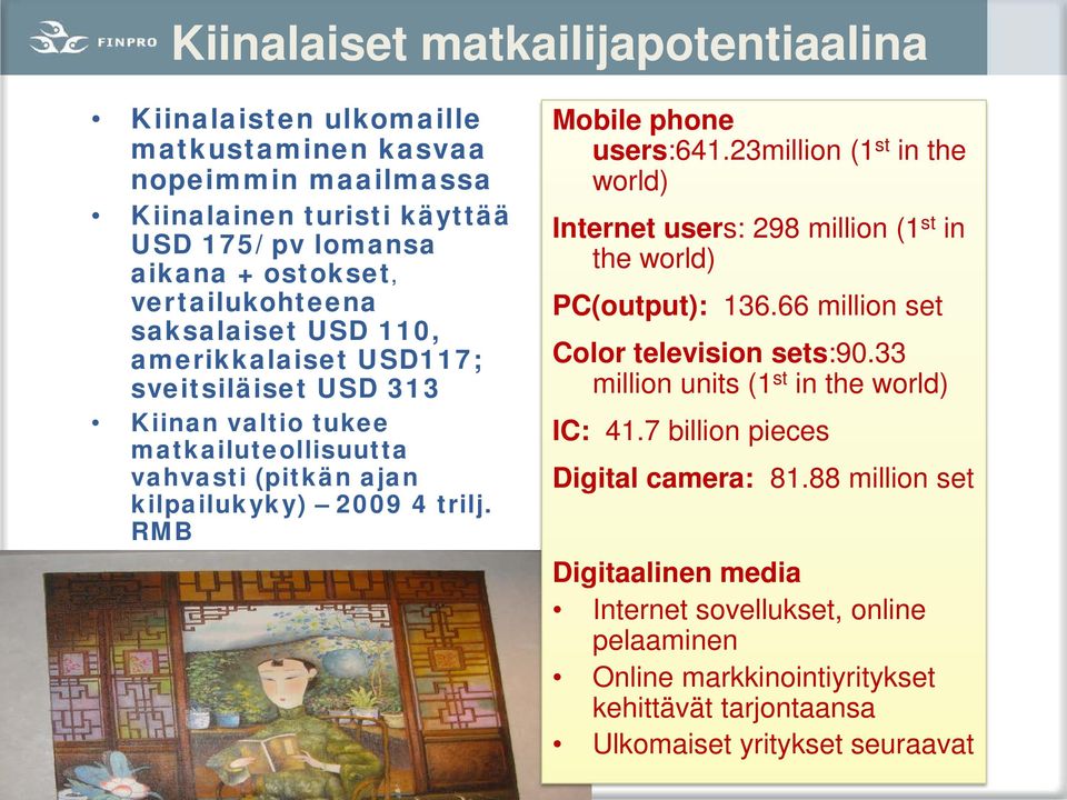 23million (1 st in the world) Internet users: 298 million (1 st in the world) PC(output): 136.66 million set Color television sets:90.33 million units (1 st in the world) IC: 41.