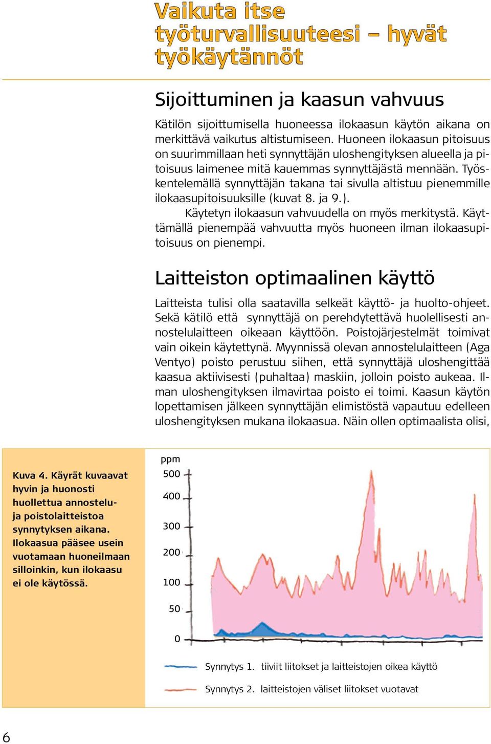 Työskentelemällä synnyttäjän takana tai sivulla altistuu pienemmille ilokaasupitoisuuksille (kuvat 8. ja 9.). Käytetyn ilokaasun vahvuudella on myös merkitystä.