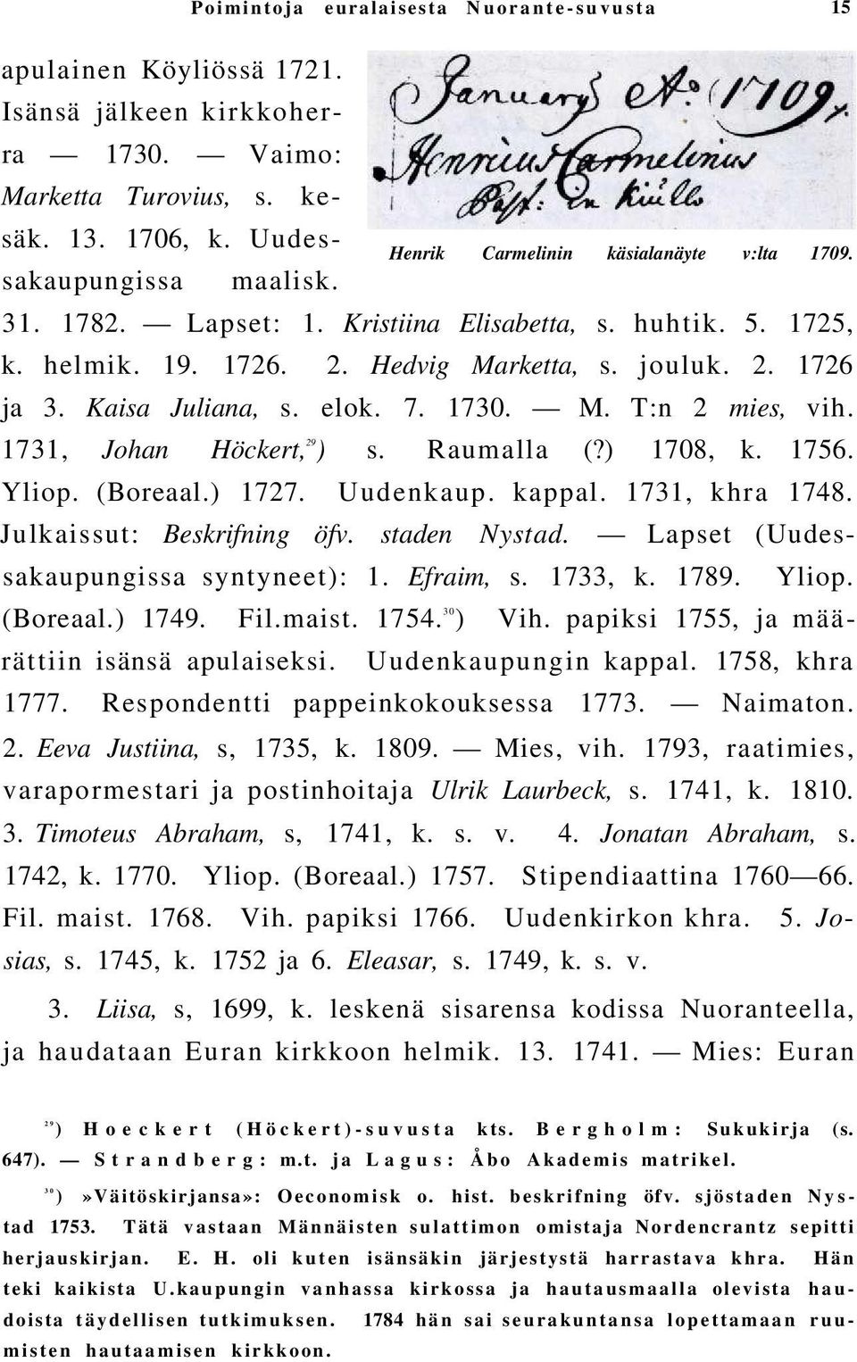 1730. M. T:n 2 mies, vih. 1731, Johan Höckert, 29 ) s. Raumalla (?) 1708, k. 1756. Yliop. (Boreaal.) 1727. Uudenkaup. kappal. 1731, khra 1748. Julkaissut: Beskrifning öfv. staden Nystad.