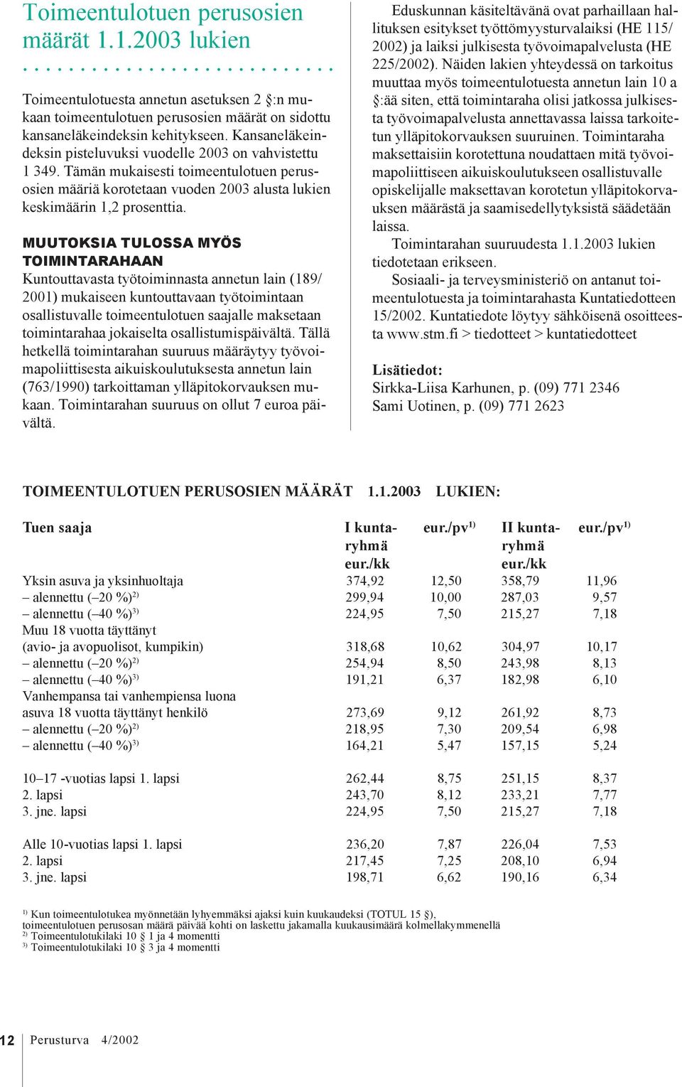 MUUTOKSIA TULOSSA MYÖS TOIMINTARAHAAN Kuntouttavasta työtoiminnasta annetun lain (189/ 2001) mukaiseen kuntouttavaan työtoimintaan osallistuvalle toimeentulotuen saajalle maksetaan toimintarahaa