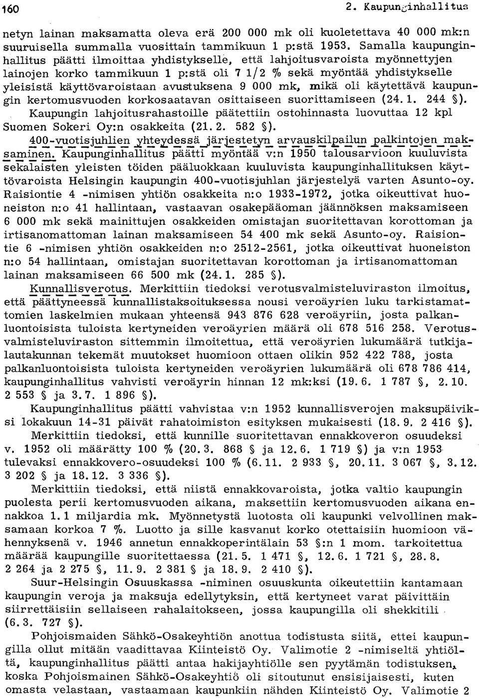 avustuksena 9 000 mk, mikä oli käytettävä kaupungin kertomusvuoden korkosaatavan osittaiseen suorittamiseen (24. 1. 244 ).