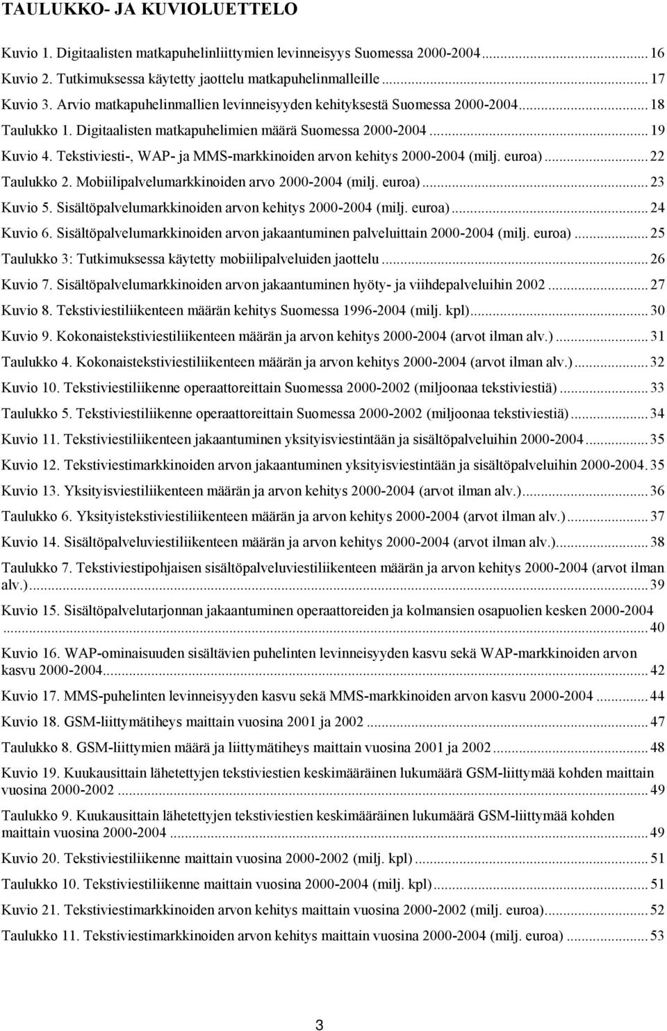 Tekstiviesti-, WAP- ja MMS-markkinoiden arvon kehitys 2000-2004 (milj. euroa)...22 Taulukko 2. Mobiilipalvelumarkkinoiden arvo 2000-2004 (milj. euroa)...23 Kuvio 5.