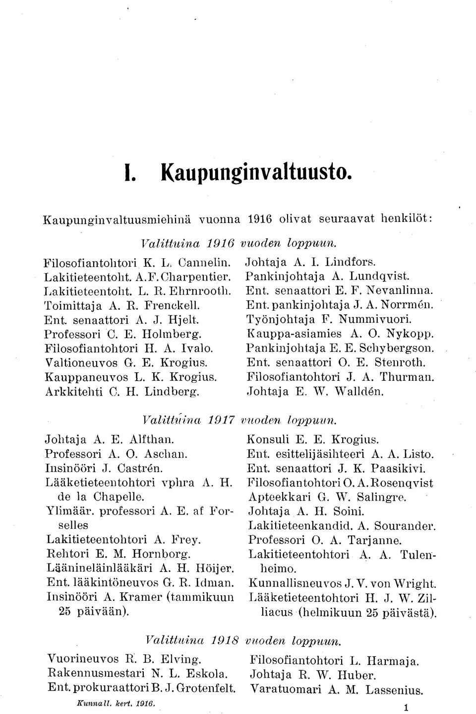 vuoden loppuun. Johtaja A. I. Lindfors. Pankinjohtaja A. Lundqvist. Ent. senaattori E. F. Nevanlinna. Ent. pankinjohtaja J. A. Norrmen. Työnjohtaja F. Nummivuori. Kauppa-asiamies A. O. Nykopp.