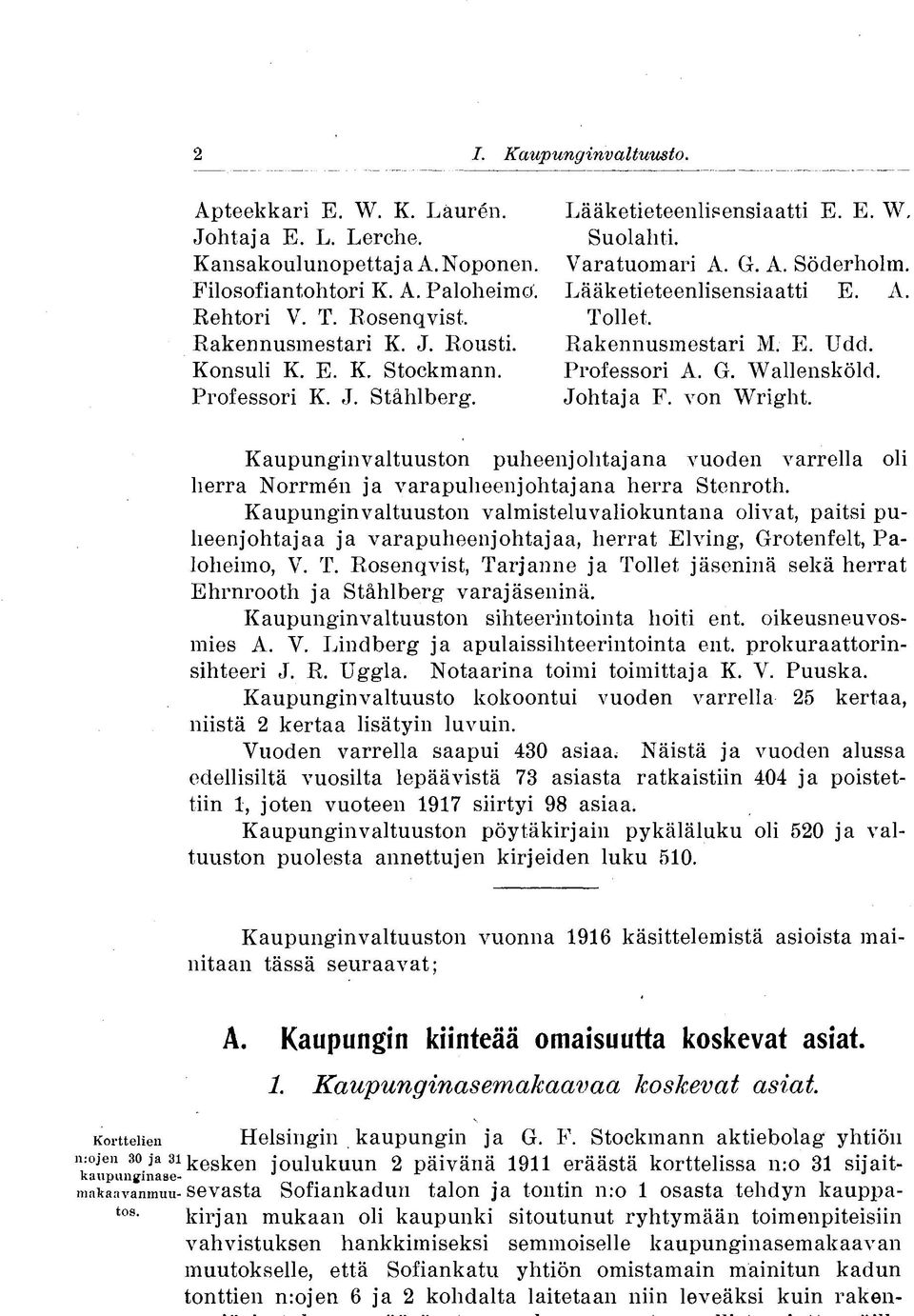 Professori A. G. Wallensköld. Johtaja F. von Wright. Kaupunginvaltuuston puheenjohtajana vuoden varrella oli herra Norrmen ja varapuheenjohtajana herra Stenroth.