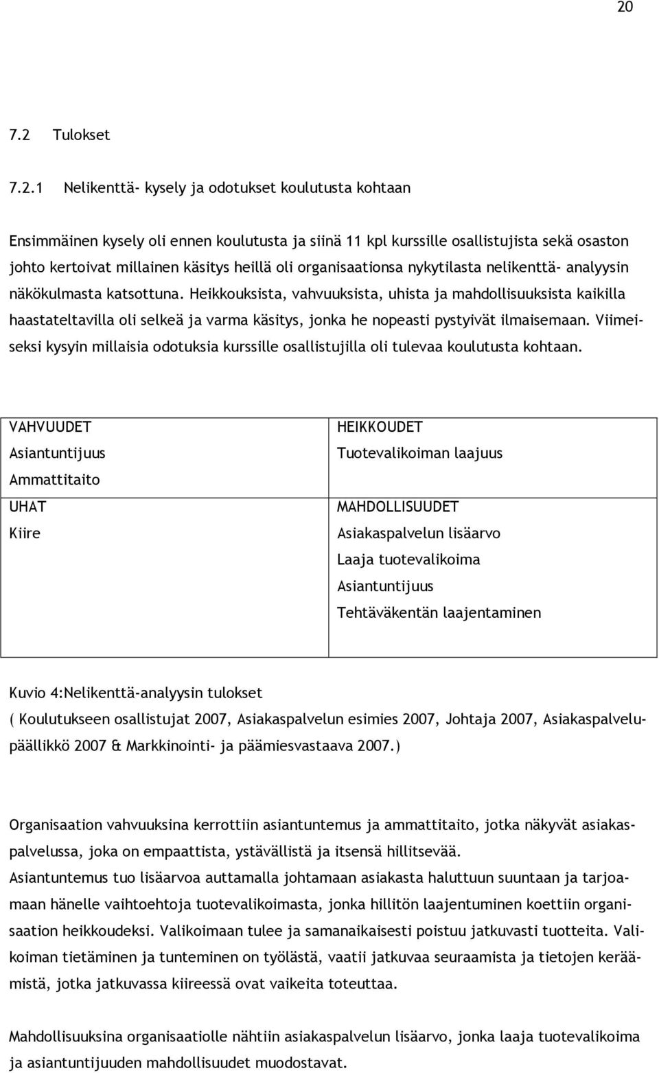 Heikkouksista, vahvuuksista, uhista ja mahdollisuuksista kaikilla haastateltavilla oli selkeä ja varma käsitys, jonka he nopeasti pystyivät ilmaisemaan.