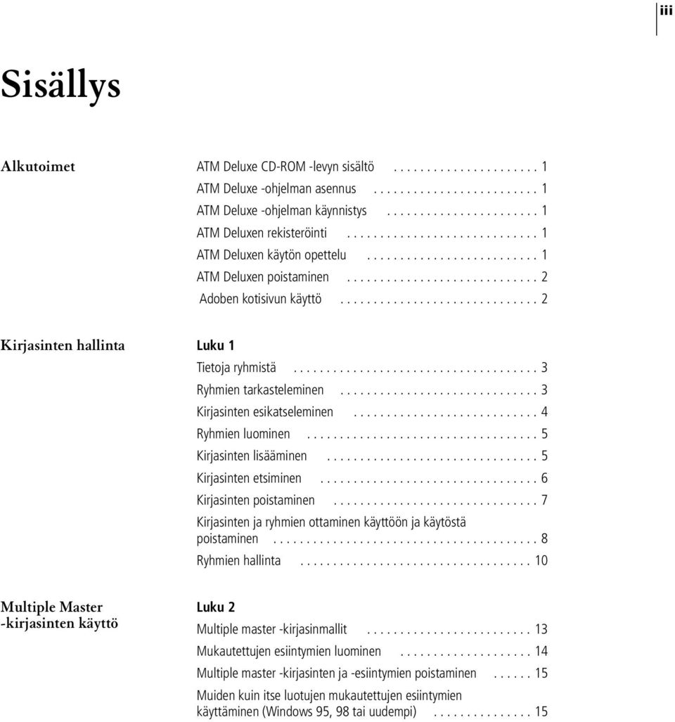 ............................. 2 Kirjasinten hallinta Luku 1 Tietoja ryhmistä..................................... 3 Ryhmien tarkasteleminen.............................. 3 Kirjasinten esikatseleminen.