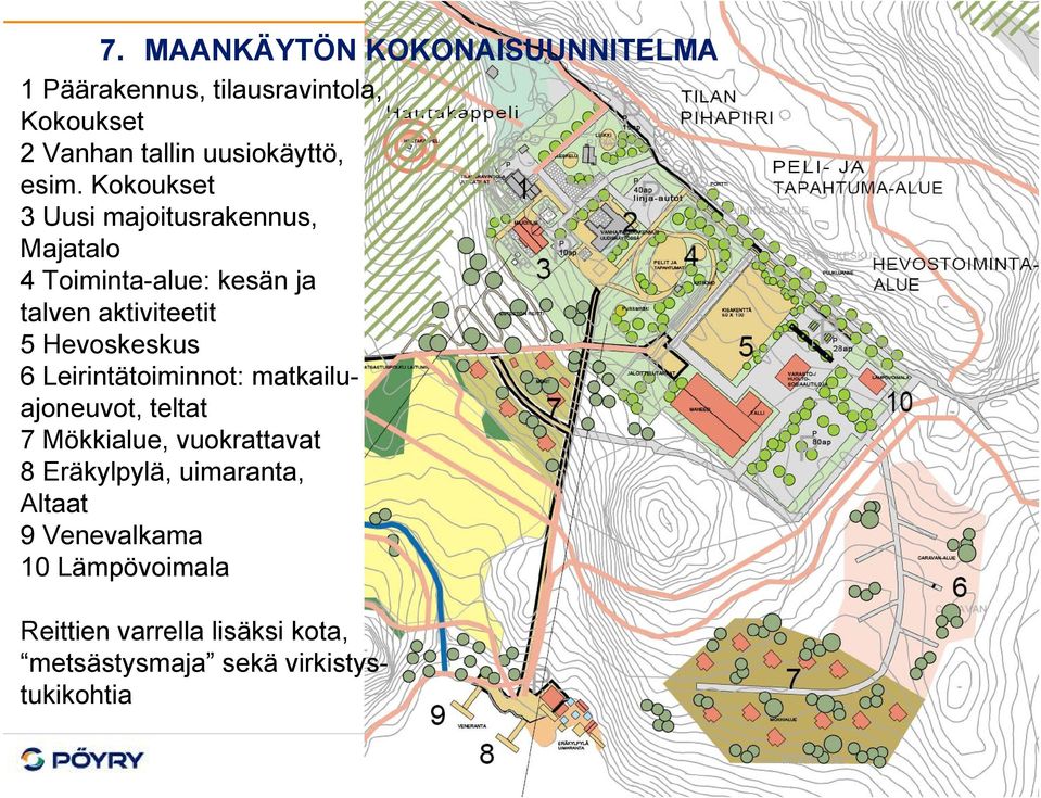 Hevoskeskus 6 Leirintätoiminnot: matkailuajoneuvot, teltat 7 Mökkialue, vuokrattavat 8 Eräkylpylä,